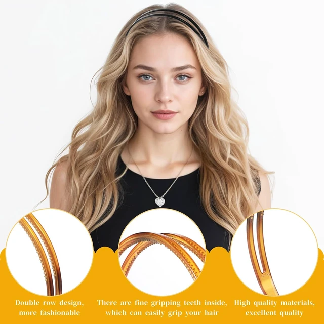 Alt view image 4 of 7 - 2 Pcs Double Row Teeth Comb Classic Hair Bands, Plastic Non-slip Hair Hoop Headband for Women and Girls, Simple Hair Accessory (Black, Brown)