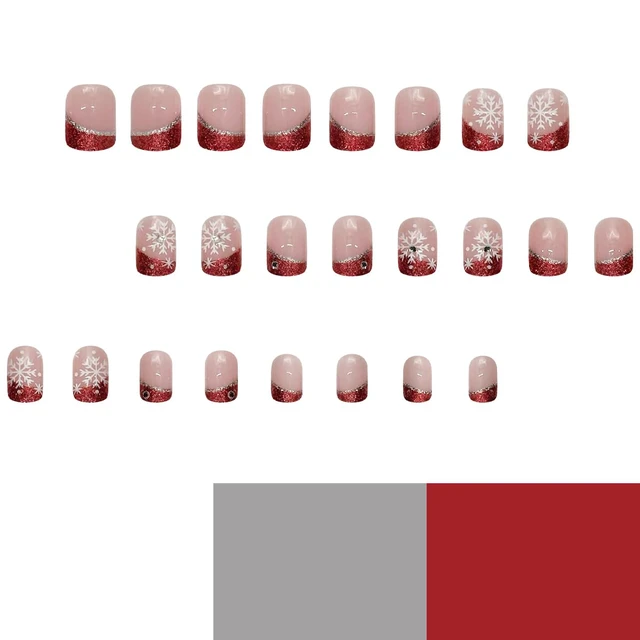 Alt view image 2 of 7 - 24Pcs Christmas French Tip Press-on Nails Short Square Snowflake Red Glitter Acrylic False Nails with Rhinestone Design for Women Winter Manicure