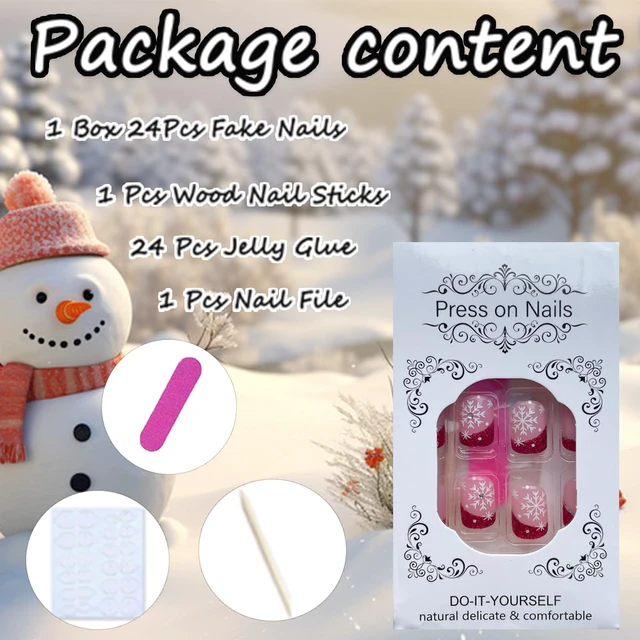 Alt view image 4 of 7 - 24Pcs Christmas French Tip Press-on Nails Short Square Snowflake Red Glitter Acrylic False Nails with Rhinestone Design for Women Winter Manicure