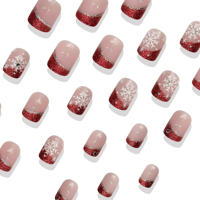 Alt view image 3 of 7 - 24Pcs Christmas French Tip Press-on Nails Short Square Snowflake Red Glitter Acrylic False Nails with Rhinestone Design for Women Winter Manicure