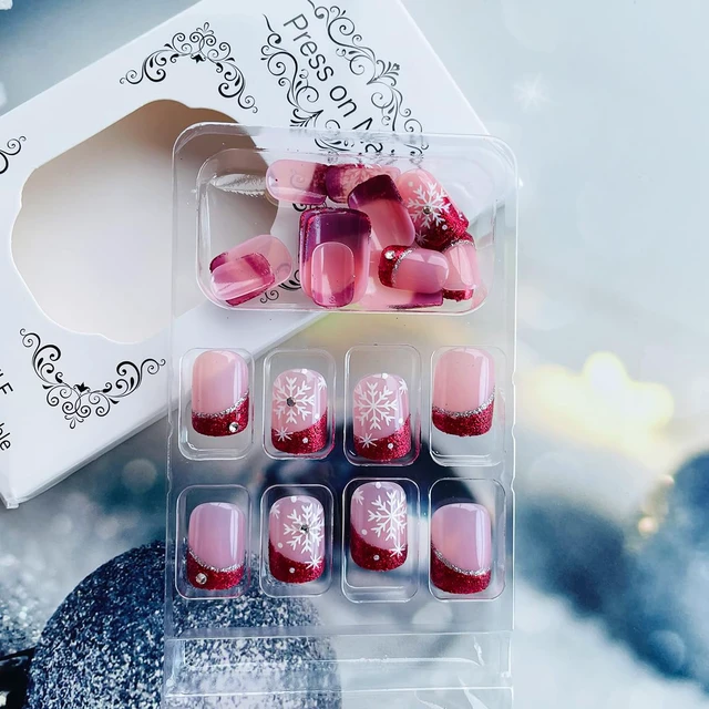 Alt view image 5 of 7 - 24Pcs Christmas French Tip Press-on Nails Short Square Snowflake Red Glitter Acrylic False Nails with Rhinestone Design for Women Winter Manicure