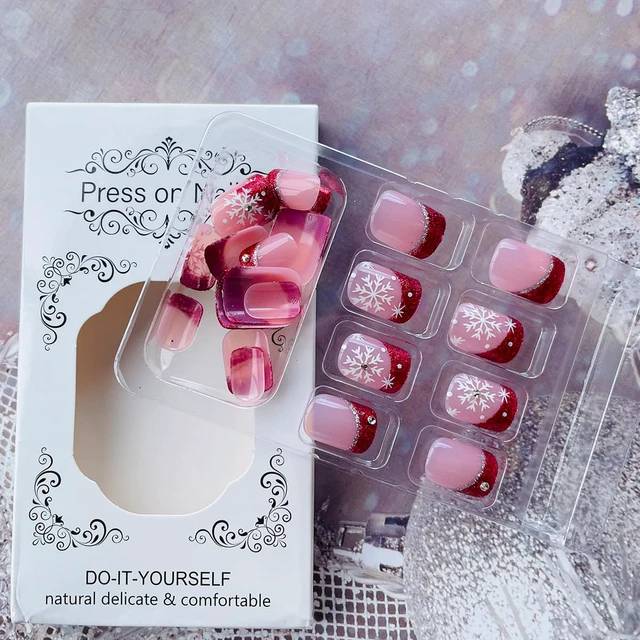 Alt view image 7 of 7 - 24Pcs Christmas French Tip Press-on Nails Short Square Snowflake Red Glitter Acrylic False Nails with Rhinestone Design for Women Winter Manicure