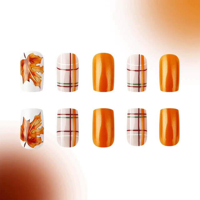 Alt view image 2 of 7 - 24 Pcs Fall Press on Nails Square Orange Glitter Maple Leaf Designs Acrylic Medium Length Glossy Glue on Reusable for Women