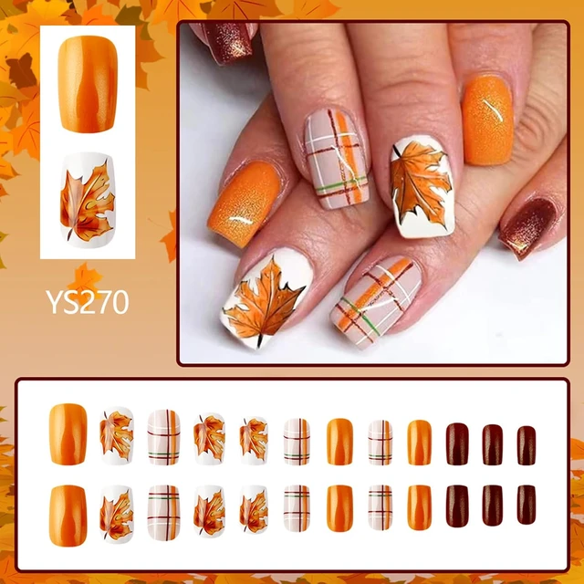 Alt view image 3 of 7 - 24 Pcs Fall Press on Nails Square Orange Glitter Maple Leaf Designs Acrylic Medium Length Glossy Glue on Reusable for Women