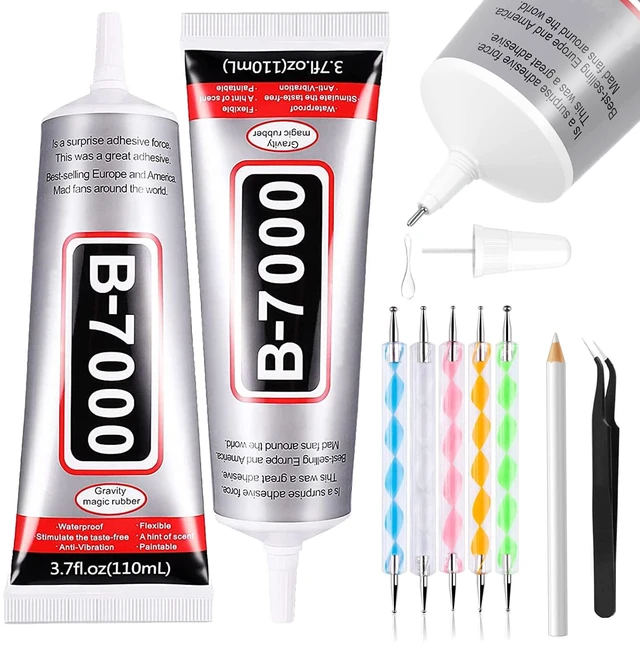 Main image of B7000 Adhesive Rhinestones Glue, 2-Pack 110ml / 3.7 fl oz, with 5 Dotting Pen Tools, Wax Pencil and Tweezer, for Crafts, Jewelry Making, Makeup, Shoes, Nail Art