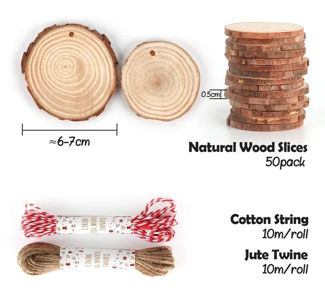 Alt view image 3 of 6 - 50Pcs Unfinished Wood Slices 2.4"-2.8" with Pre-drilled Hole and String for Home Decor, Painting, Coasters, DIY, Party Wedding
