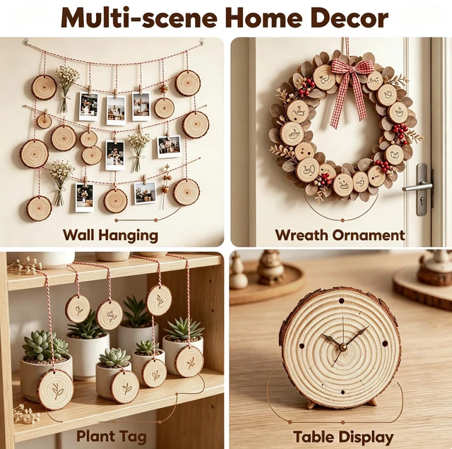 Alt view image 6 of 6 - 50Pcs Unfinished Wood Slices 2.4"-2.8" with Pre-drilled Hole and String for Home Decor, Painting, Coasters, DIY, Party Wedding