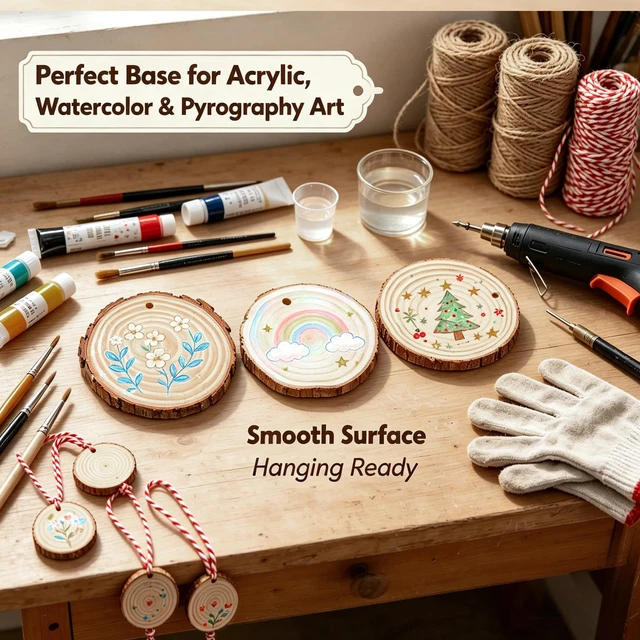 Alt view image 2 of 6 - 50Pcs Unfinished Wood Slices 2.4"-2.8" with Pre-drilled Hole and String for Home Decor, Painting, Coasters, DIY, Party Wedding