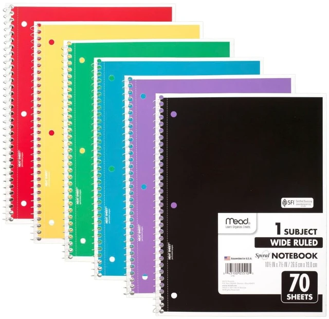 Main image of Mead 930201-ECM25 6 Pack 1 Subject Wide Ruled Spiral Notebook, 7.5" x 10.5", 70 Sheets Each, Colors Vary