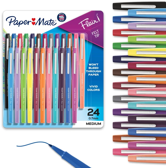 Main image of Paper Mate Flair Felt Tip Pens, Medium Point, 24 Count, Assorted Colors - Home, Office, Back to School, Teacher Supplies