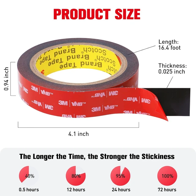 Alt view image 6 of 6 - 3M VHB Double Sided Tape Heavy Duty, Waterproof, 16.4FT x 0.94IN, Strong Foam Tape for Walls, Automotive, Home Office Decor (Pack of 1)