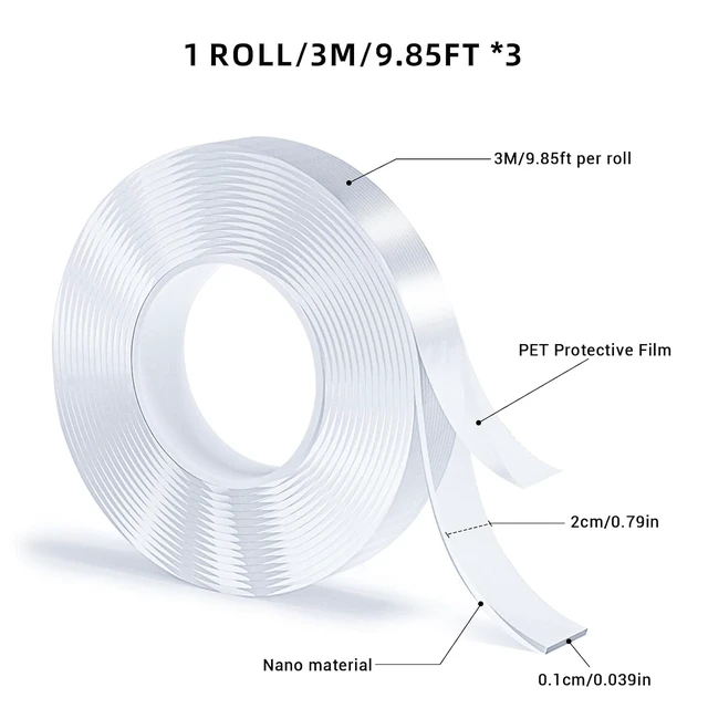 Alt view image 2 of 7 - Nano Double Sided Tape 3 Rolls, Transparent Traceless Adhesive Tape, Removable Washable Reusable, 9.85ft per Roll, for Carpets Photo Walls