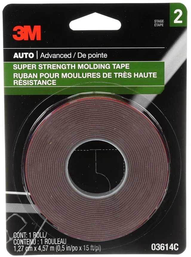 Main image of 3M 03614 Super-Strength Molding Tape, 1/2in x 15ft, High Strength Double-Sided Adhesive, Permanently Attaches Side Moldings, Trim and Emblems to Interior and Exterior of