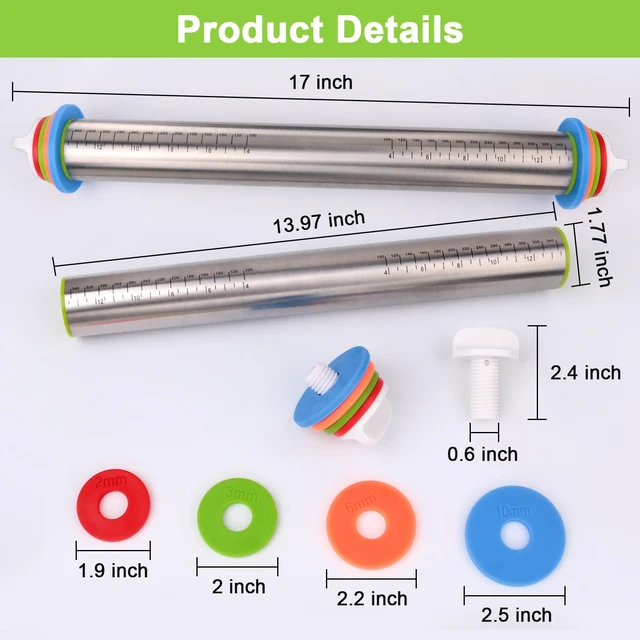 Alt view image 6 of 6 - Stainless Steel Adjustable Rolling Pin with Thickness Rings, Dough Roller for Cookie Decorating, Fondant, Cake Baking Supplies