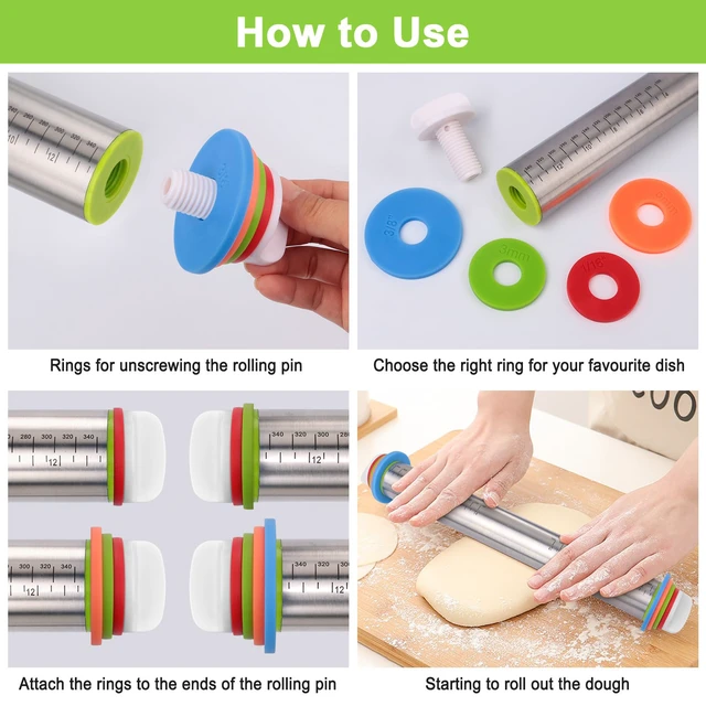 Alt view image 5 of 6 - Stainless Steel Adjustable Rolling Pin with Thickness Rings, Dough Roller for Cookie Decorating, Fondant, Cake Baking Supplies