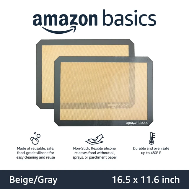 Alt view image 3 of 6 - Amazon Basics Silicone Rectangular Baking Mat 16.5"x11.6" Beige/Gray 2-Pack Non-Stick Reusable Dishwasher Safe Food Safe Heat Resistant