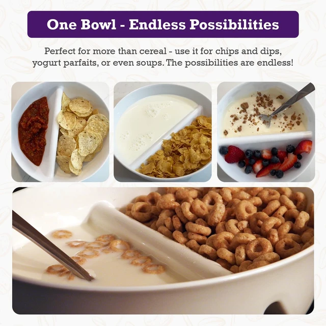 Alt view image 6 of 7 - 2 Pack - Just Crunch Anti-Soggy Cereal Bowl - Keeps Cereal Fresh & Crunchy | BPA Free | Microwave Safe | Ice Cream & Topping, Yogurt & Berries, Fries & Ketchup and More White