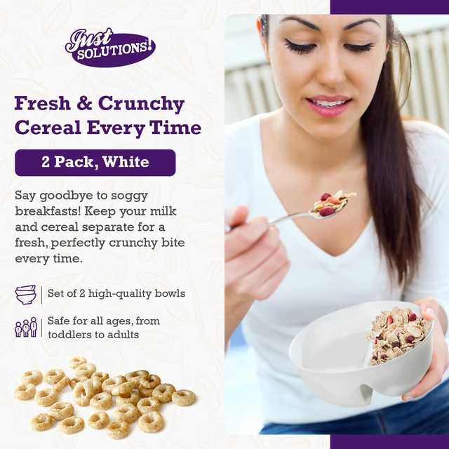 Alt view image 7 of 7 - 2 Pack - Just Crunch Anti-Soggy Cereal Bowl - Keeps Cereal Fresh & Crunchy | BPA Free | Microwave Safe | Ice Cream & Topping, Yogurt & Berries, Fries & Ketchup and More White