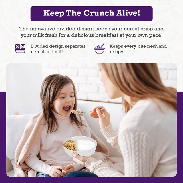 Alt view image 4 of 7 - 2 Pack - Just Crunch Anti-Soggy Cereal Bowl - Keeps Cereal Fresh & Crunchy | BPA Free | Microwave Safe | Ice Cream & Topping, Yogurt & Berries, Fries & Ketchup and More White