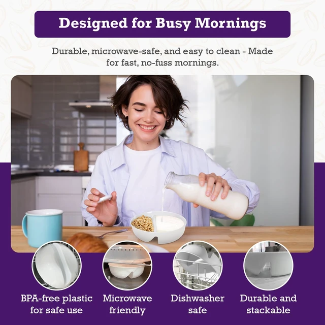 Alt view image 3 of 7 - 2 Pack - Just Crunch Anti-Soggy Cereal Bowl - Keeps Cereal Fresh & Crunchy | BPA Free | Microwave Safe | Ice Cream & Topping, Yogurt & Berries, Fries & Ketchup and More White