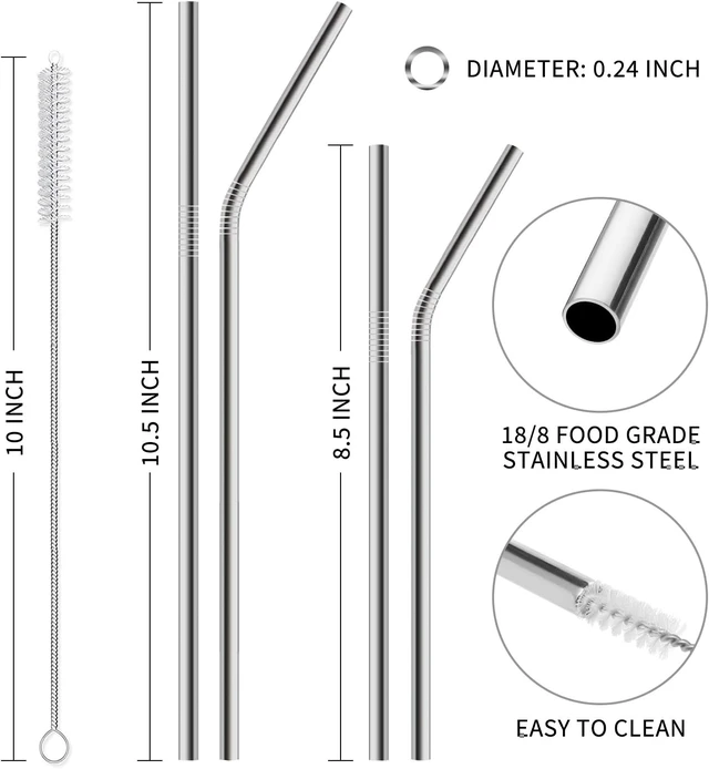 Alt view image 2 of 6 - Hiware 12-Pack Reusable Stainless Steel Metal Straws with Case - Long Drinking Straws for 30 oz and 20 oz Tumblers Dishwasher Safe - 2 Cleaning Brushes Included