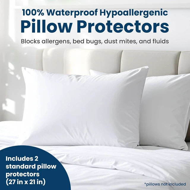 Alt view image 4 of 7 - Stain Resistant & Waterproof Full Size Pillow Protectors with Zipper (Set of 2) - White Pillowcases - Breathable, Comfortable Covers for Pillows, 21 x 27 Inches
