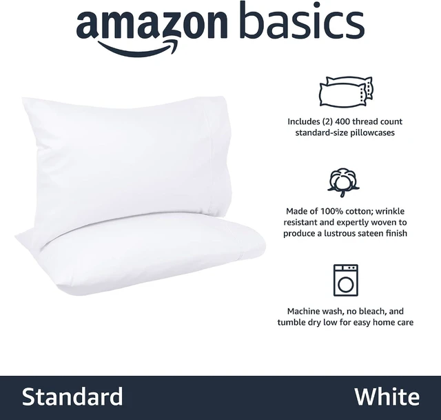 Alt view image 4 of 5 - Amazon Basics 400 Thread Count Cotton Pillowcases, Standard, 30" L x 20" W, White - Set of 2, Pillows Not Included