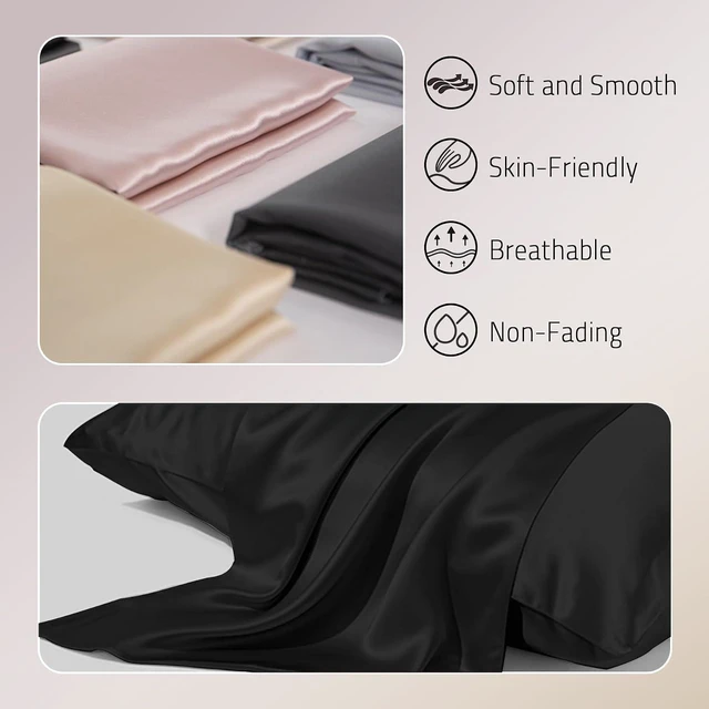 Alt view image 4 of 6 - Gabire Mulberry Silk Pillow Cases Set of 2, Both Sides Real Silk Pillowcase for Hair and Skin Prevent Acne Pillowcase Organic Silk Pillowcase 2 Pack with Hidden Zipper, Black, Standard (20"×26")