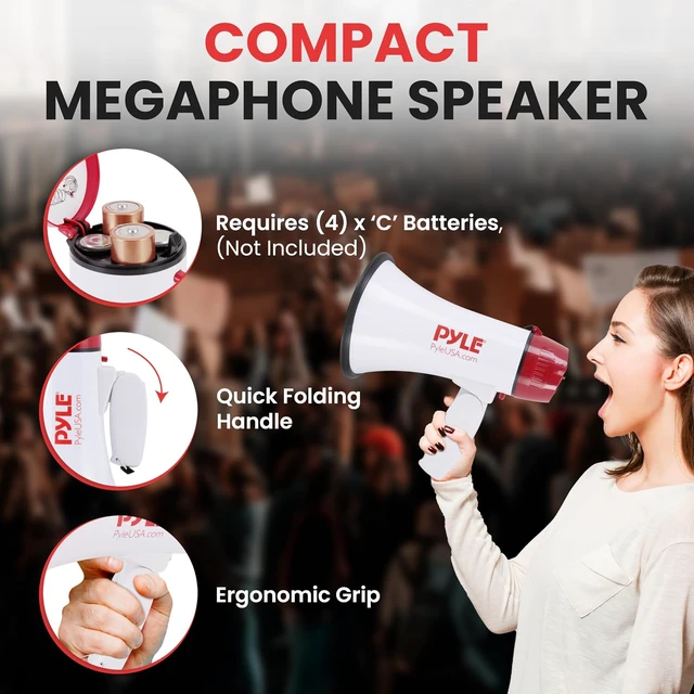 Alt view image 4 of 7 - Pyle 20W Megaphone Bullhorn - 5.4'' x 8.6'' Portable Megaphone, Projection Range 1000 Sq. Yards, Voice Talking & Siren Alert, Shoulder Strap, Battery Operated, (White)