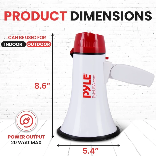 Alt view image 3 of 7 - Pyle 20W Megaphone Bullhorn - 5.4'' x 8.6'' Portable Megaphone, Projection Range 1000 Sq. Yards, Voice Talking & Siren Alert, Shoulder Strap, Battery Operated, (White)