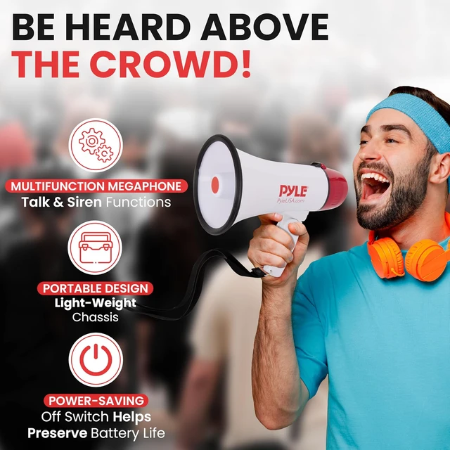 Alt view image 6 of 7 - Pyle 20W Megaphone Bullhorn - 5.4'' x 8.6'' Portable Megaphone, Projection Range 1000 Sq. Yards, Voice Talking & Siren Alert, Shoulder Strap, Battery Operated, (White)