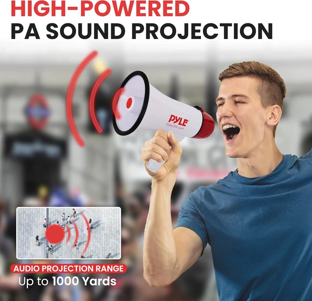 Alt view image 7 of 7 - Pyle 20W Megaphone Bullhorn - 5.4'' x 8.6'' Portable Megaphone, Projection Range 1000 Sq. Yards, Voice Talking & Siren Alert, Shoulder Strap, Battery Operated, (White)