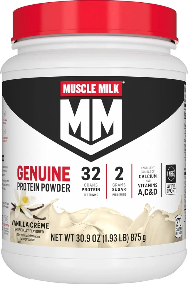 Main image of Muscle Milk Genuine Protein Powder, Vanilla Crème, 1.93 Pounds, 12 Servings, 32g Protein, 2g Sugar, Calcium, Vitamins A, C & D, NSF Certified for Sport, Energizing Snack, Packaging May Vary