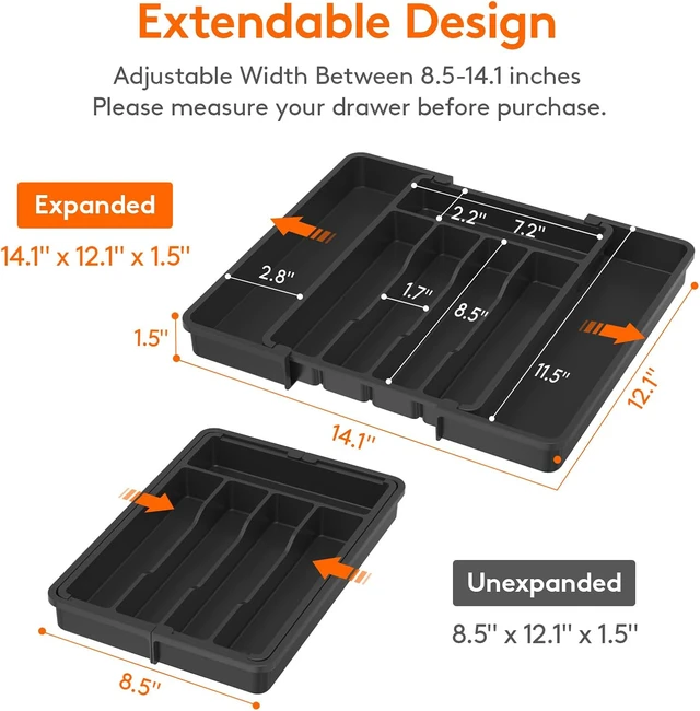 Alt view image 2 of 7 - Lifewit Expandable Silverware Drawer Organizer, Kitchen Utensil Tray