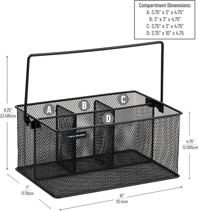 Alt view image 2 of 6 - Mind Reader Multi-purpose Storage Caddy with Handle, Desktop Organizer, Cutlery Holder, 4 Compartments, Metal Mesh, Black