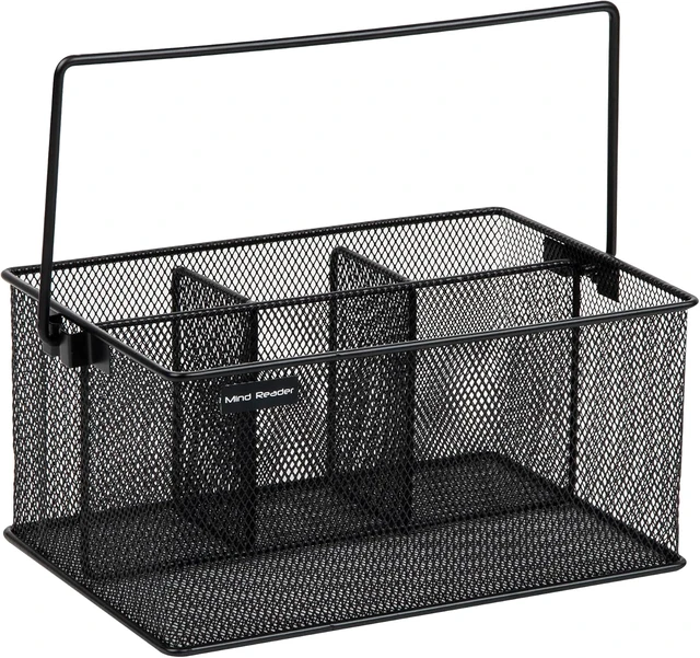 Alt view image 4 of 6 - Mind Reader Multi-purpose Storage Caddy with Handle, Desktop Organizer, Cutlery Holder, 4 Compartments, Metal Mesh, Black