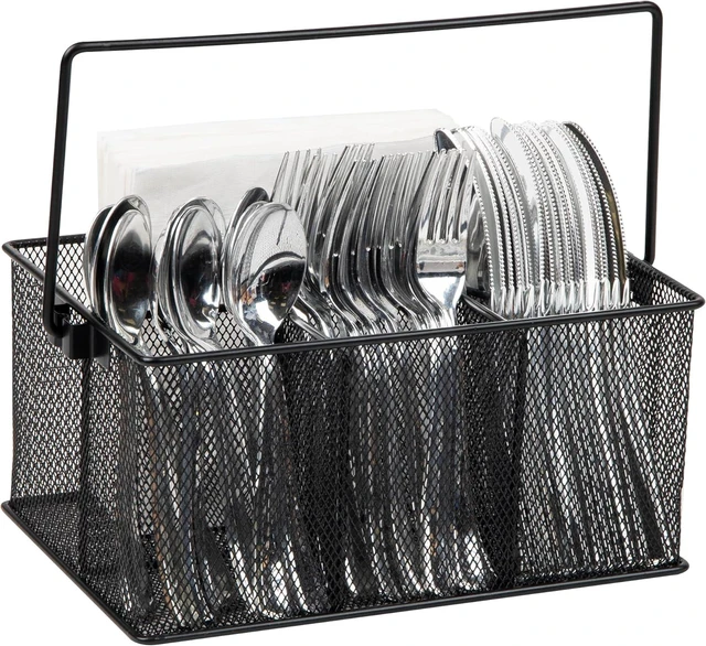 Main image of Mind Reader Multi-purpose Storage Caddy with Handle, Desktop Organizer, Cutlery Holder, 4 Compartments, Metal Mesh, Black