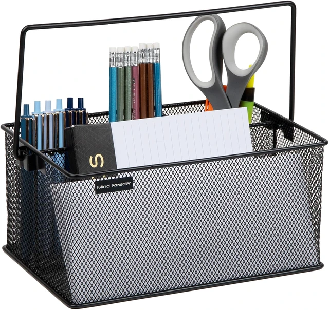 Alt view image 6 of 6 - Mind Reader Multi-purpose Storage Caddy with Handle, Desktop Organizer, Cutlery Holder, 4 Compartments, Metal Mesh, Black