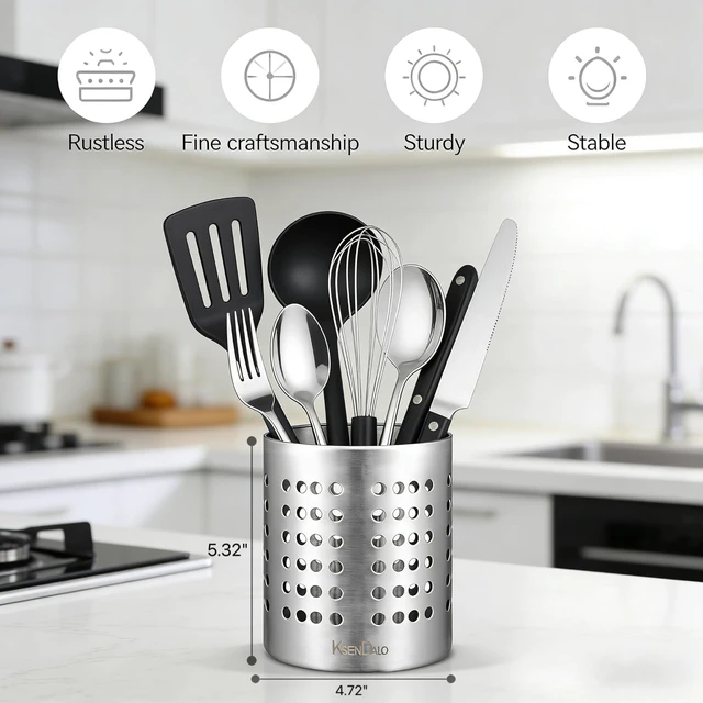 Alt view image 4 of 6 - KSENDALO SUS304 Small Stainless Steel Utensil Holder for Countertop, Silver