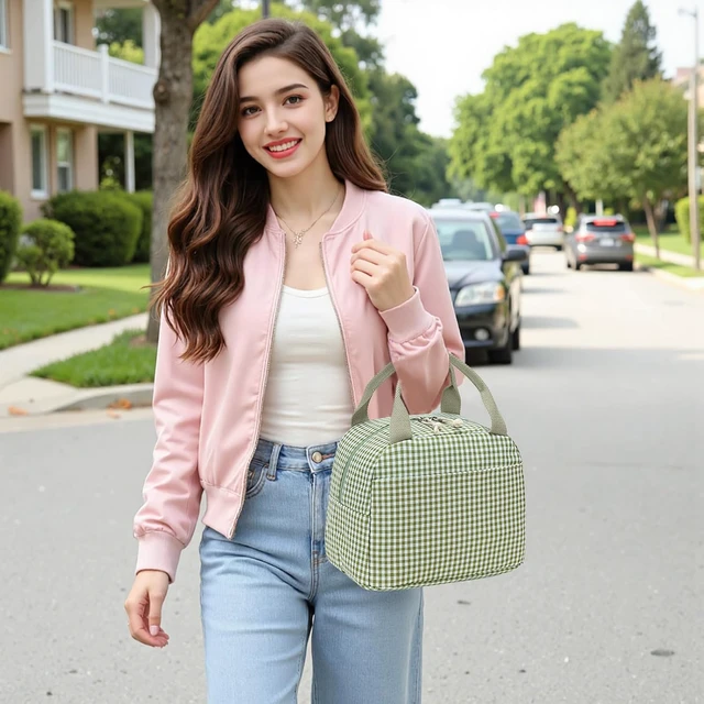 Alt view image 2 of 7 - Bluboon Lunch Box for Women Cute Lunch Bag Reusable Insulated Lunch Bags Large Capacity Lunchbox Cooler for Work Picnic or Travel Gifts (Sage Green White grid, 10 x 7.5 x 8 inches)