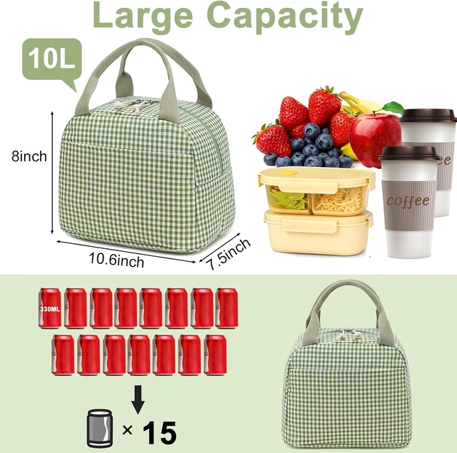 Alt view image 7 of 7 - Bluboon Lunch Box for Women Cute Lunch Bag Reusable Insulated Lunch Bags Large Capacity Lunchbox Cooler for Work Picnic or Travel Gifts (Sage Green White grid, 10 x 7.5 x 8 inches)