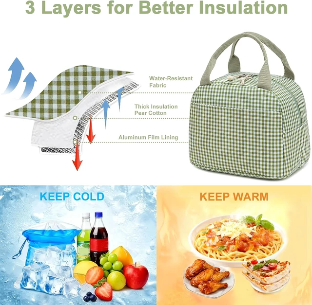 Alt view image 5 of 7 - Bluboon Lunch Box for Women Cute Lunch Bag Reusable Insulated Lunch Bags Large Capacity Lunchbox Cooler for Work Picnic or Travel Gifts (Sage Green White grid, 10 x 7.5 x 8 inches)