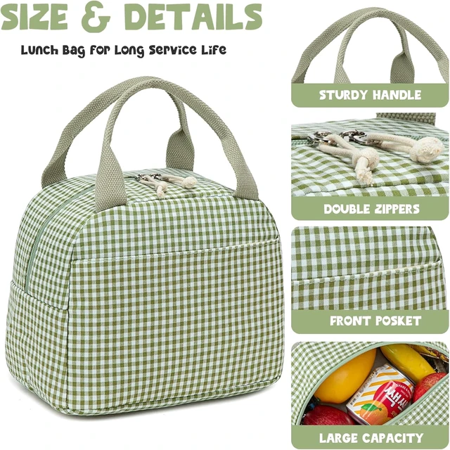 Alt view image 3 of 7 - Bluboon Lunch Box for Women Cute Lunch Bag Reusable Insulated Lunch Bags Large Capacity Lunchbox Cooler for Work Picnic or Travel Gifts (Sage Green White grid, 10 x 7.5 x 8 inches)