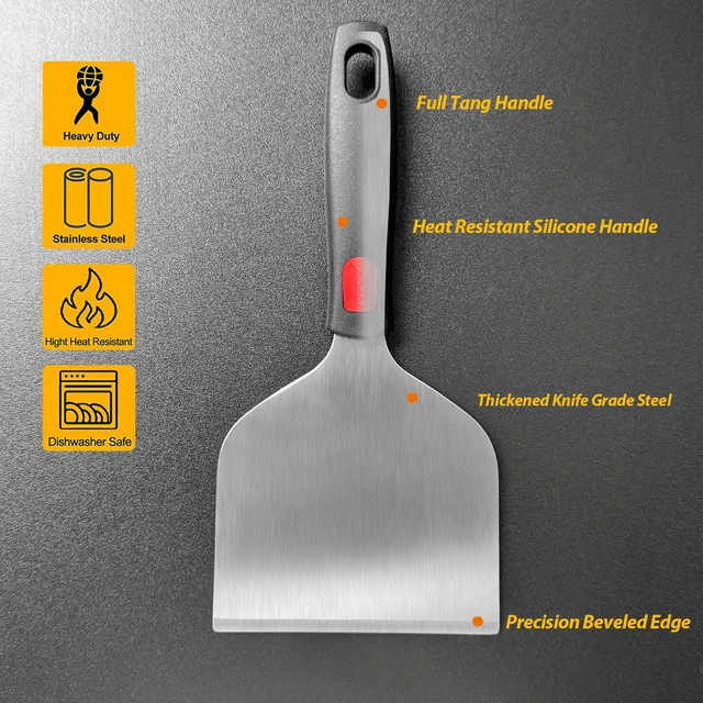 Alt view image 3 of 7 - Vovoly Wide Griddle Scraper, 4.3x4.3'' Smashed Burger Scraper Grill Scraper Spatula Burger Turner - Full Tang Silicon Handle Professional Grade Grill Accessories, Knife Grade Stainless Steel