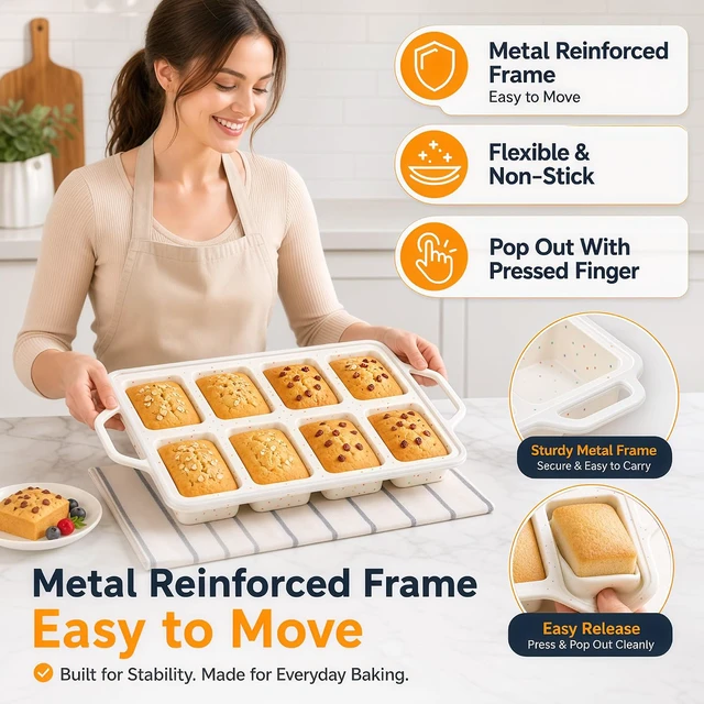 Alt view image 7 of 7 - Vinino Mini Silicone Loaf Pans with Metal Reinforced Frame, 8-Cavity, Cream