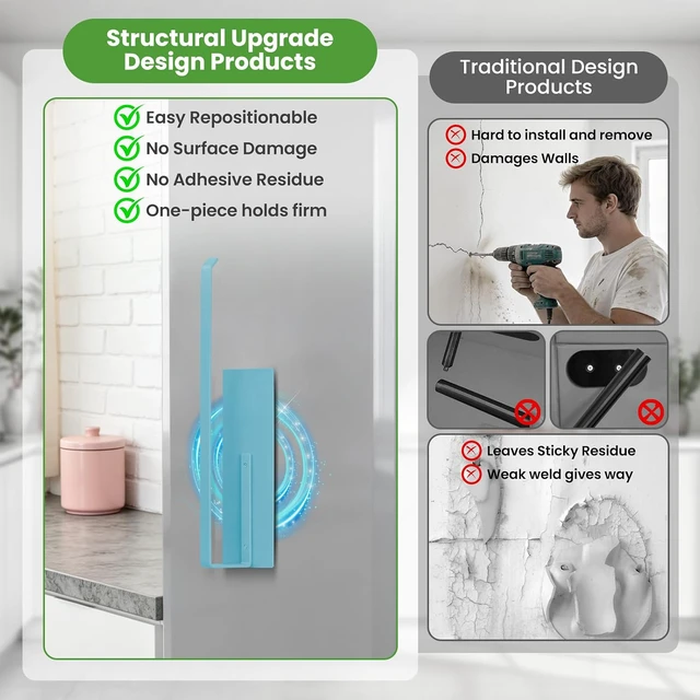 Alt view image 4 of 7 - Paper Towel Holder Magnetic, Magnetic Paper Towel Holder for Fridge, Toilet Paper Roll Holder Magnet Towel Rack Wall Mount Shelf Bar for Towels Rolls Bathroom RV Dorm Kitchen Wall Decor, Blue