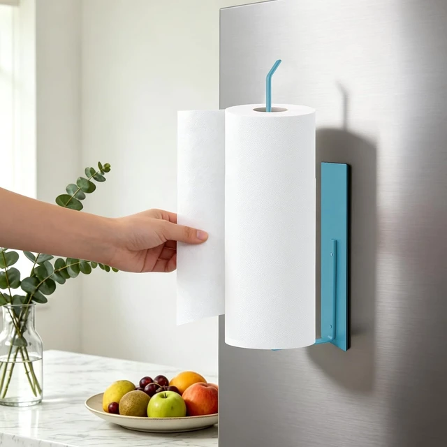 Alt view image 3 of 7 - Paper Towel Holder Magnetic, Magnetic Paper Towel Holder for Fridge, Toilet Paper Roll Holder Magnet Towel Rack Wall Mount Shelf Bar for Towels Rolls Bathroom RV Dorm Kitchen Wall Decor, Blue