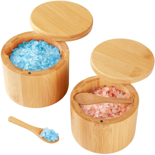 Main image of Timtopno Bamboo Salt Cellar, 2 PCS Salt Container with Built-in Spoon, Salt Box Bowl with Magnetic Swivel Lid, Elegant Kitchen Salt Holder Saver Jar to Storage Pepper Spice Sea Salt for Countertop