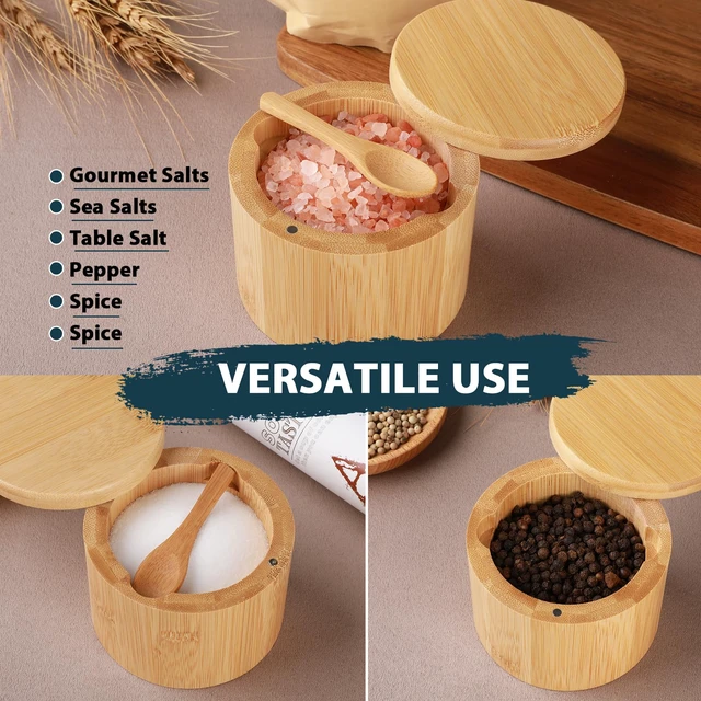 Alt view image 5 of 7 - Timtopno Bamboo Salt Cellar, 2 PCS Salt Container with Built-in Spoon, Salt Box Bowl with Magnetic Swivel Lid, Elegant Kitchen Salt Holder Saver Jar to Storage Pepper Spice Sea Salt for Countertop