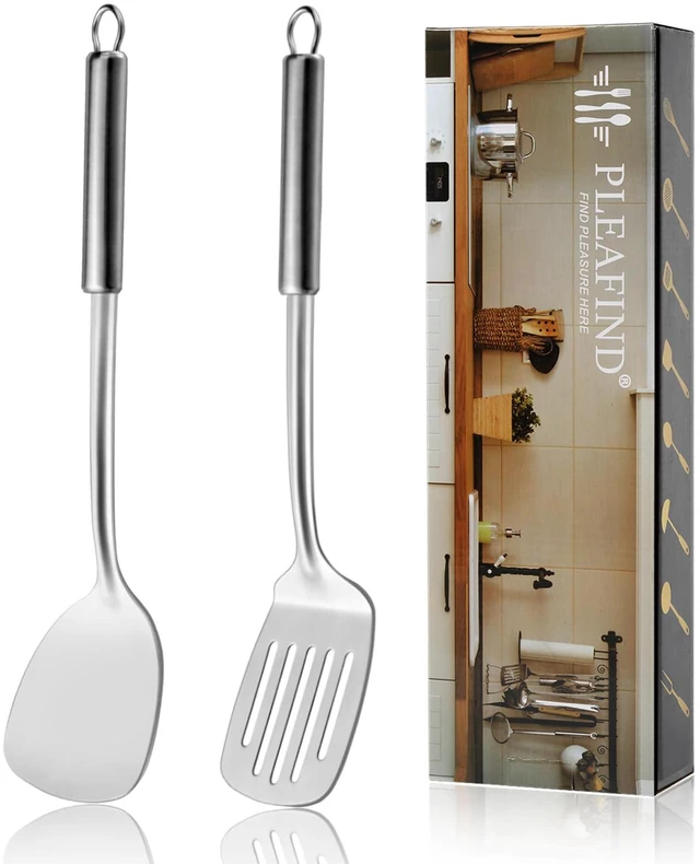 Main image of Pleafind 2-Pcs Solid & Slotted Spatula Set, 304 Stainless Steel Spatula, Metal Spatulas, Wok Utensils, Cooking Utensils, Wok Spatulas for Home, Kitchen and Restaurant, Dishwasher Safe